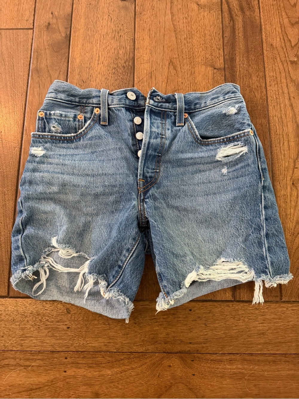 Levi's Distressed Mid-Blue Button-Fly Jean Shorts